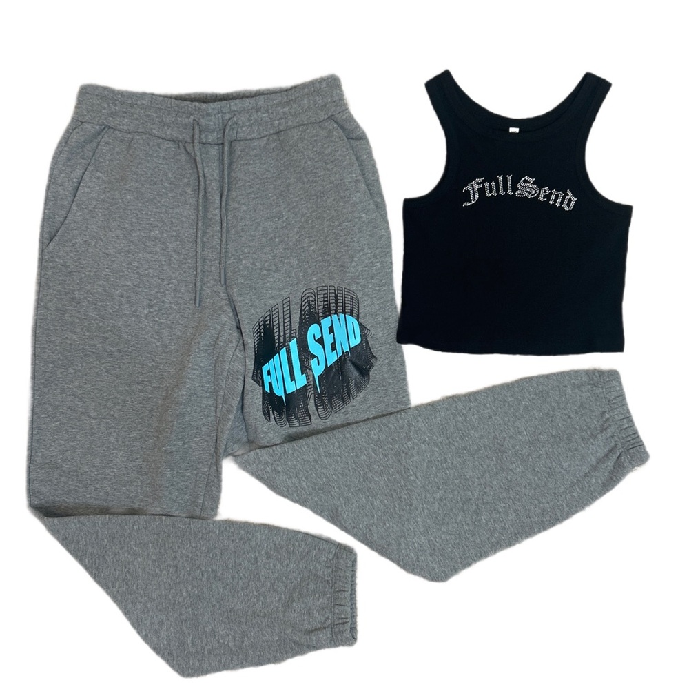 2 Pc Set Full Send Gray Joggers w/Black Ribbed Tank